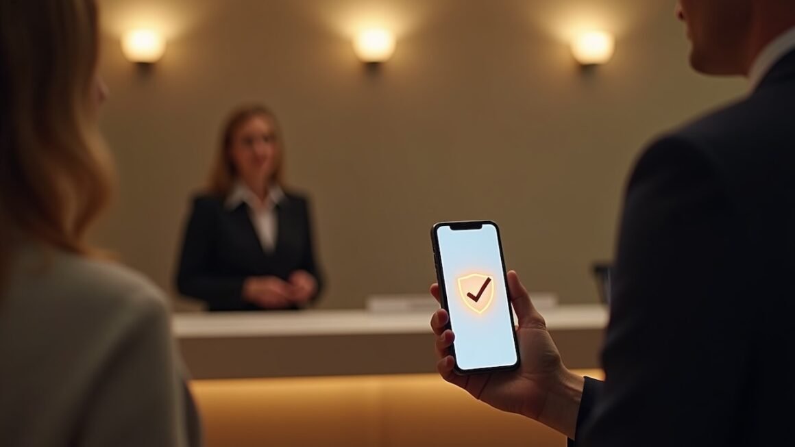 Otel resepsiyonunda telefonundaki dijital kimlik cüzdanıyla kimliğini doğrulayan bir misafir