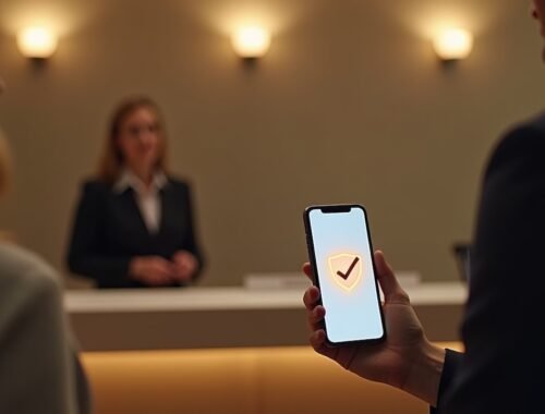Otel resepsiyonunda telefonundaki dijital kimlik cüzdanıyla kimliğini doğrulayan bir misafir