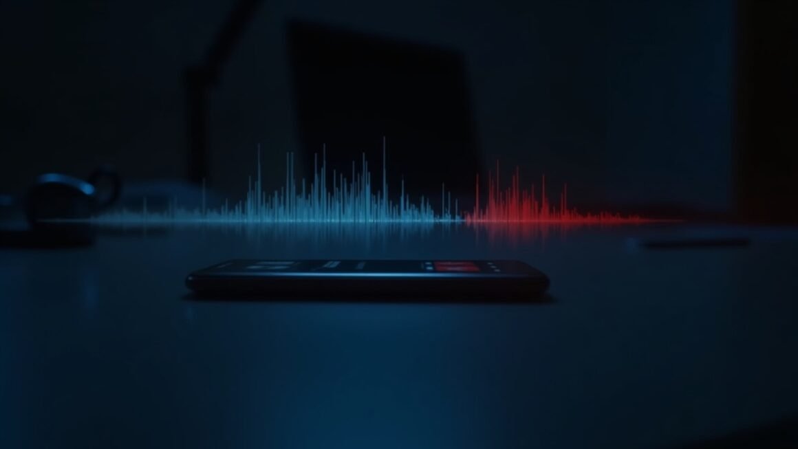 Masada çalan bir telefon ve ikiye ayrılan ses dalgası, yapay zekâyla üretilen sahte sesi temsil ediyor
